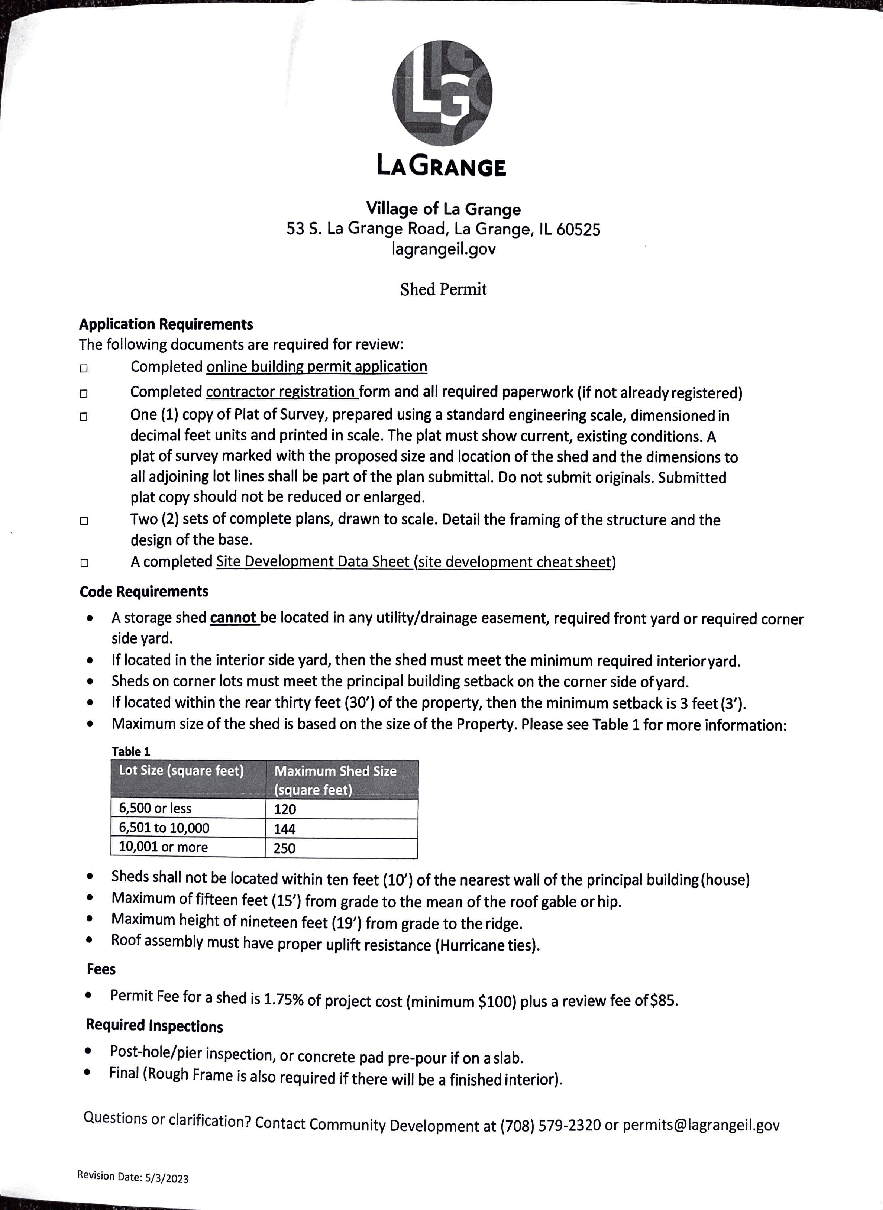 Public Village of La Grange shed permit handout
