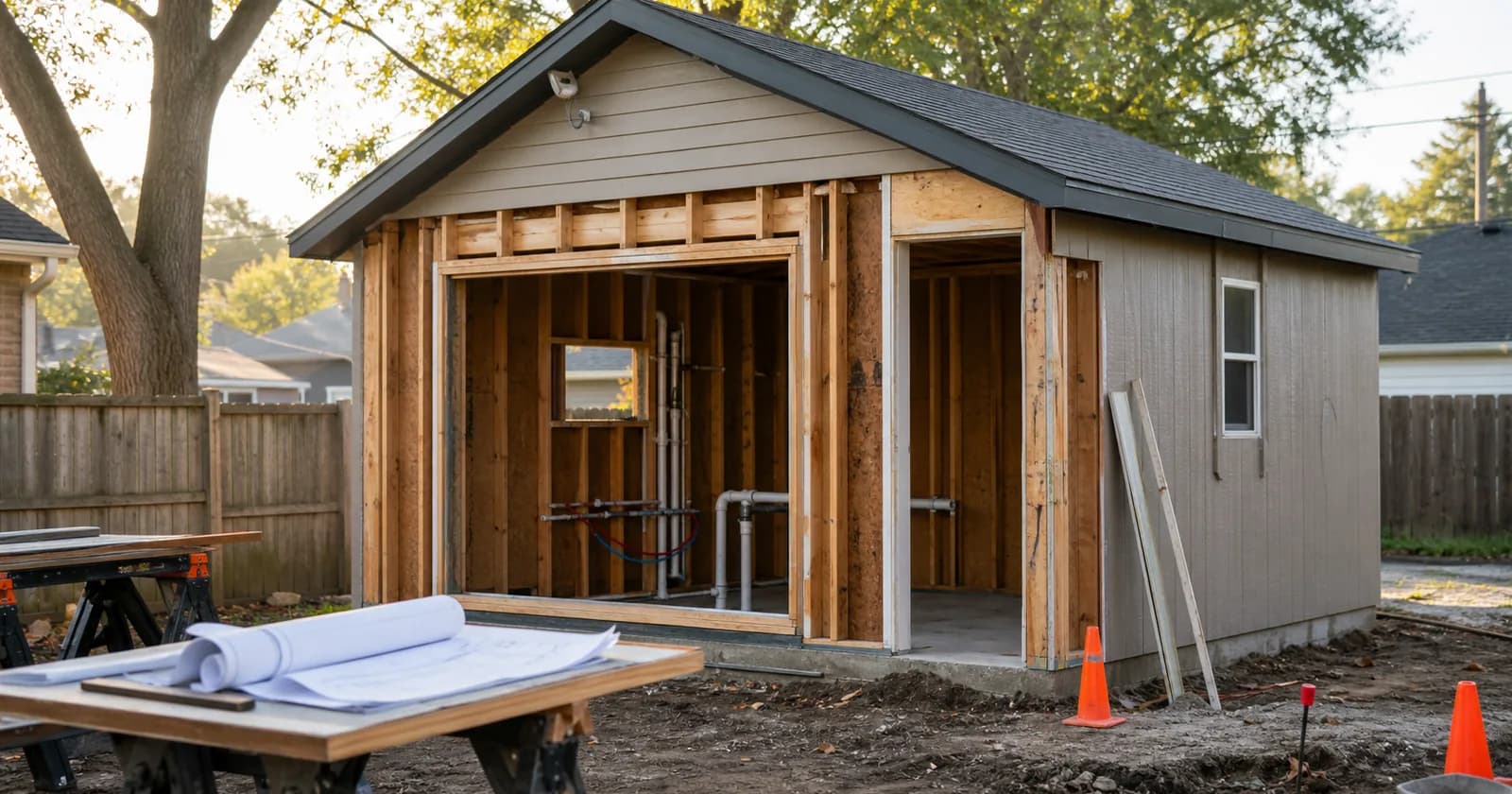 A detached backyard garage mid-conversion, with the overhead door opening framed in for a window and side entry, plumbing rough-in visible through open studs, and a permit set on a sawhorse.