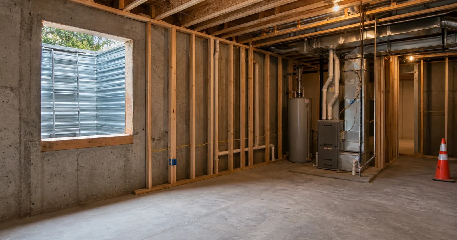 An unfinished basement with framed stud walls, a rough opening cut into the foundation for an egress window, and a furnace and water heater standing in a partly enclosed mechanical room.