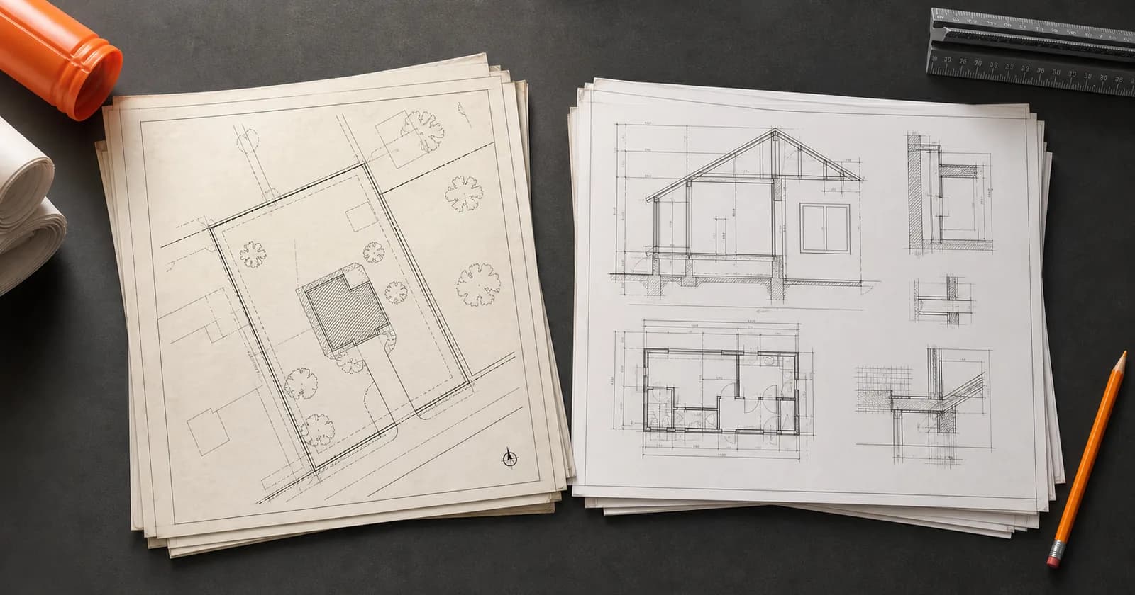 A plat of survey with a proposed detached structure drawn inside the setback lines, stacked next to a set of construction drawings, showing the two separate reviews a residential project passes through