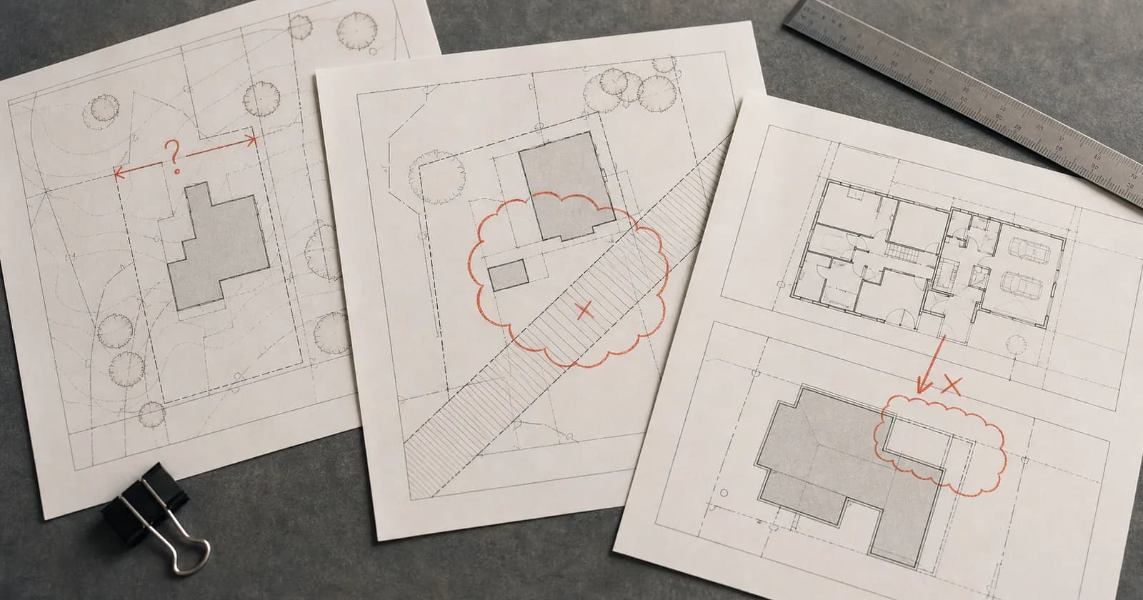 Three overlapping residential site plans marked with setback dimensions, an easement strip, and reviewer correction notes