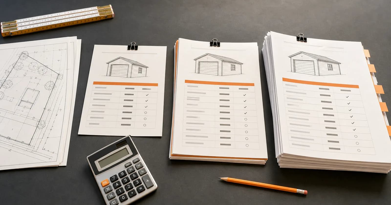 Three permit service quotes for the same detached garage spread across a desk beside a plat of survey and a folding rule.