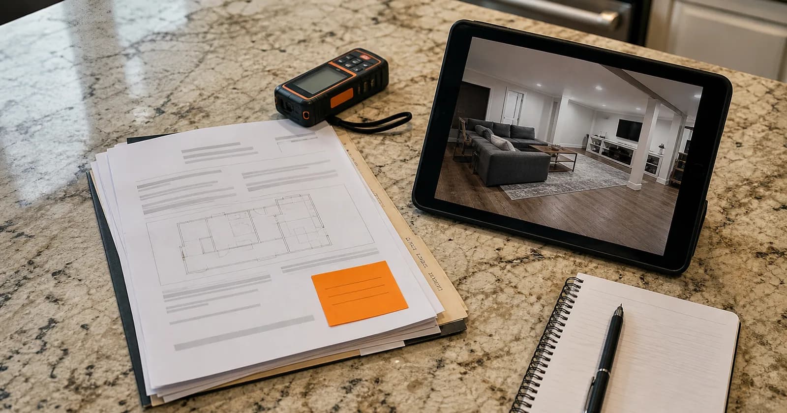A residential appraisal report on a kitchen counter next to a laser measure, with a finished basement photo clipped to it and a highlighted note about missing permit records.