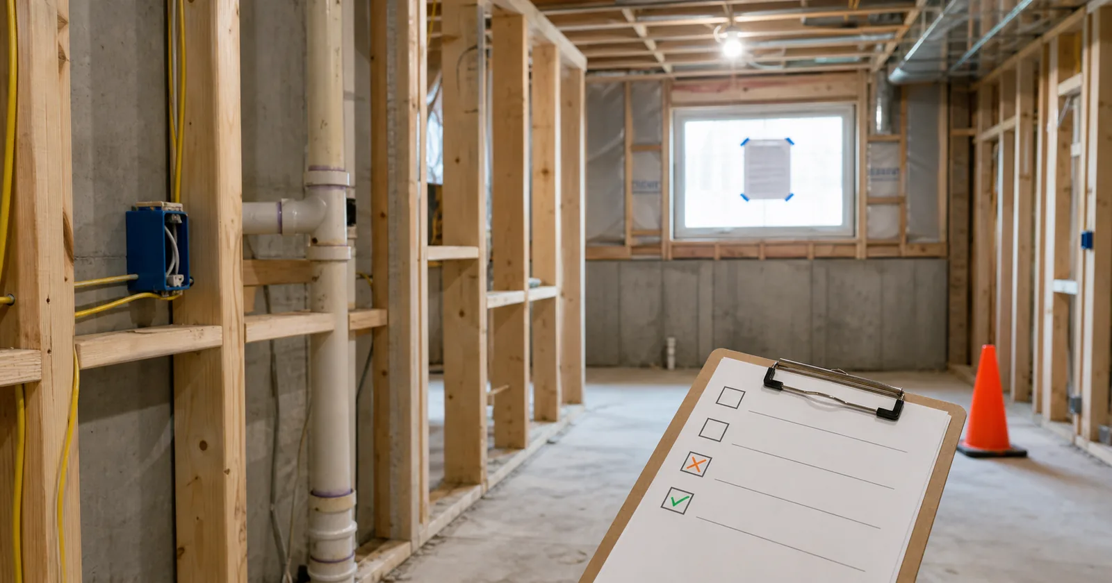 A framed basement with open stud bays, exposed wire and pipe, a permit card taped inside a window, and an inspection card showing approved and failed stops.