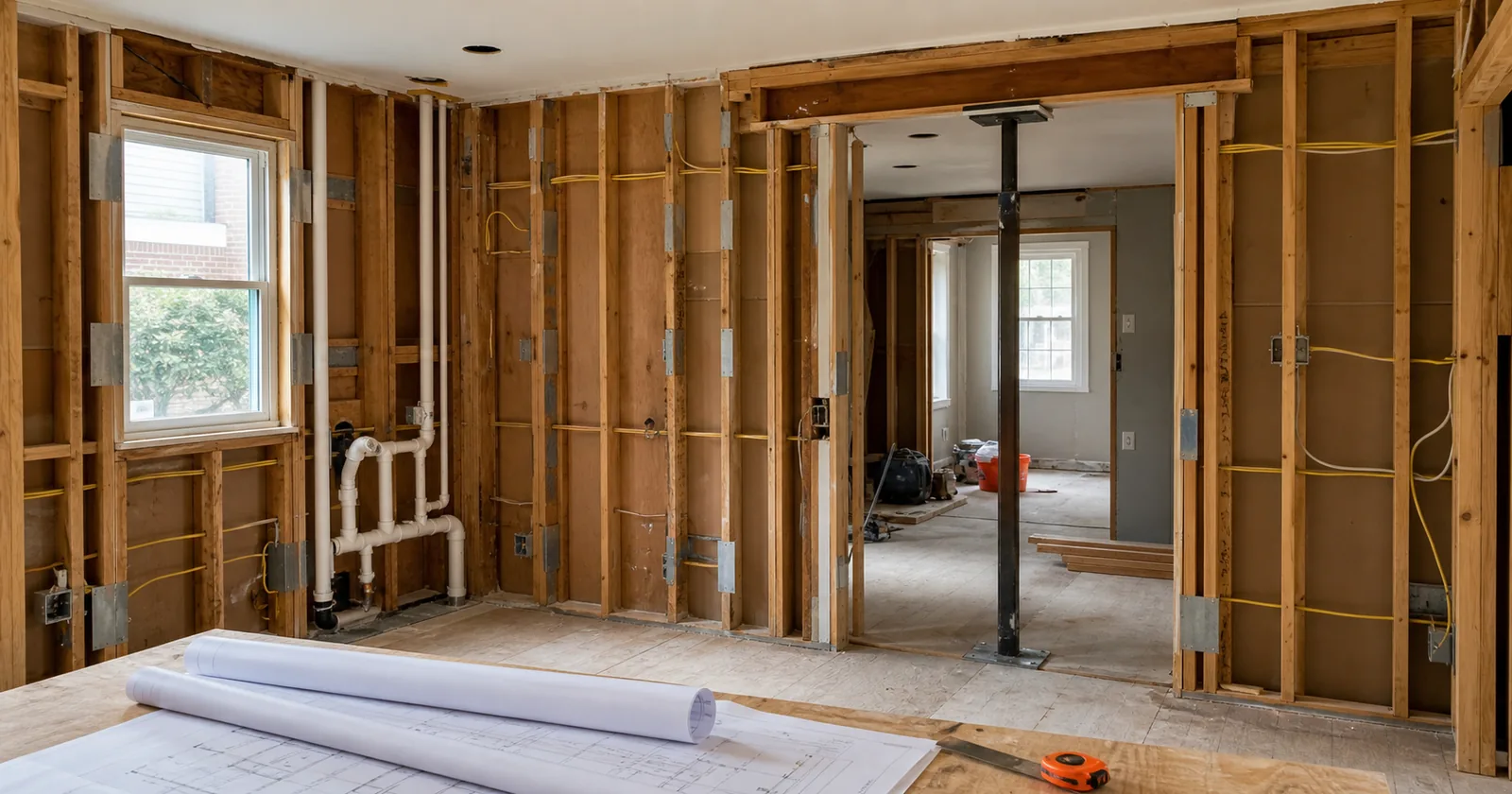 A kitchen at rough-in stage with open stud bays, new drain and vent piping at the sink wall, cable stapled and protected with nail plates, and a temporary post where a wall was removed.