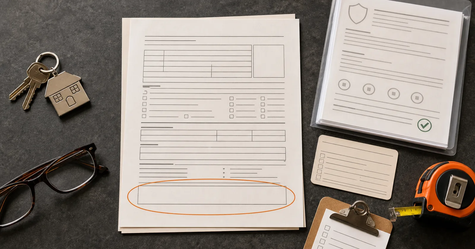 A permit application on a counter with the applicant signature block circled, a contractor registration card and certificate of insurance beside it, and an inspection card clipped to a clipboard.