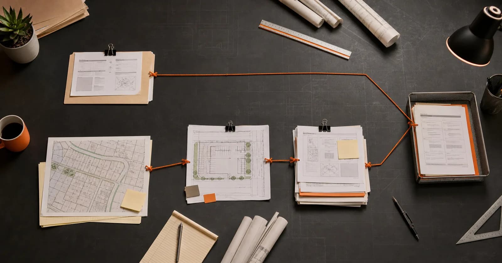 A diagram of two routes to a permit counter, a short one starting at submission and a longer one starting at the site plan and requirement research.