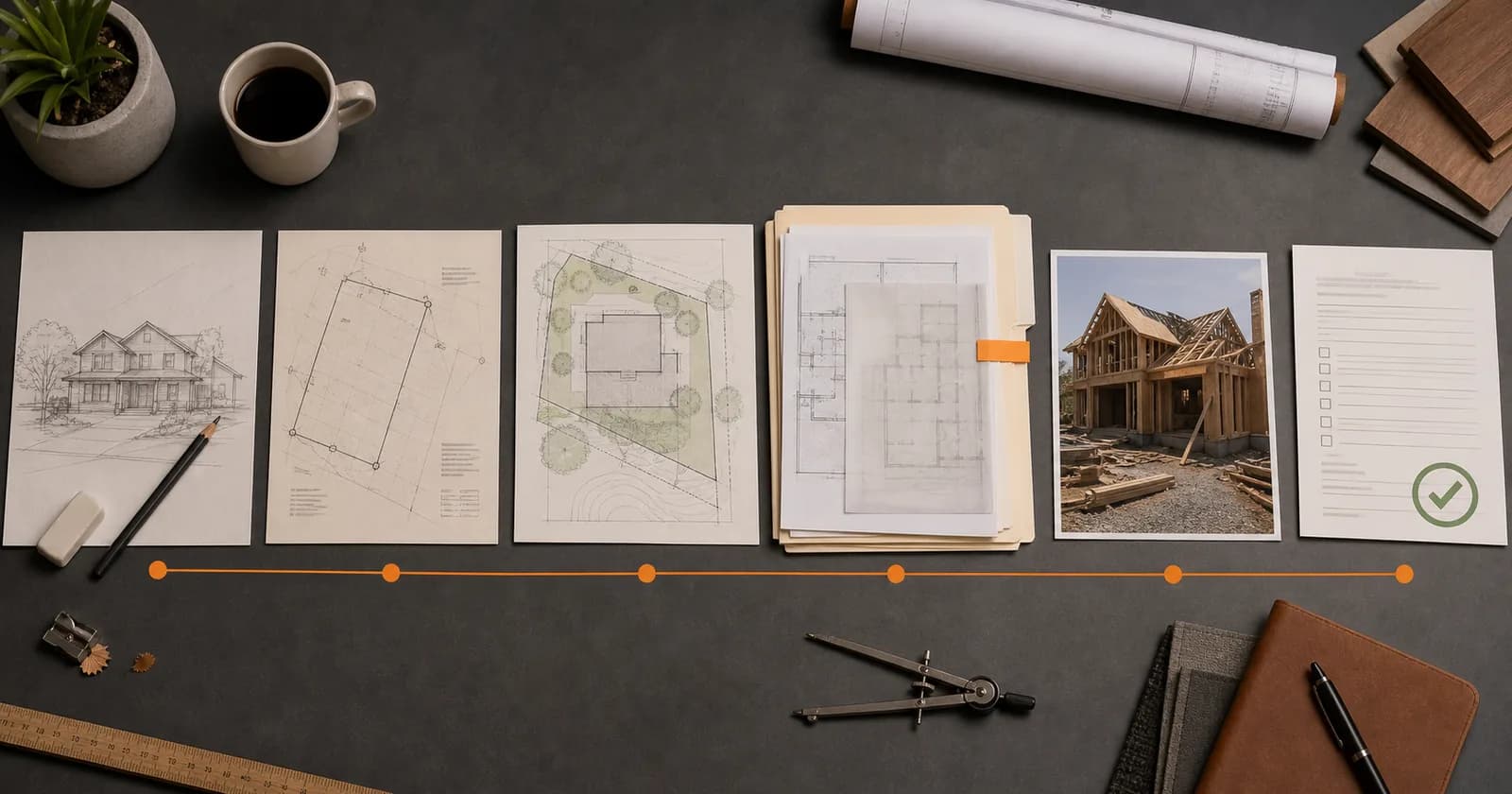 A residential project timeline laid out on a work table: a plat of survey, a marked site plan, a stack of trade permit applications, and a signed inspection card.