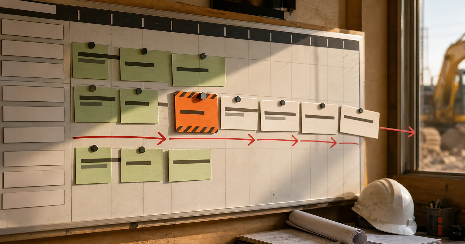 A contractor scheduling board where one held permit pushes a run of job blocks into the following month and the last job falls off the end of the season.
