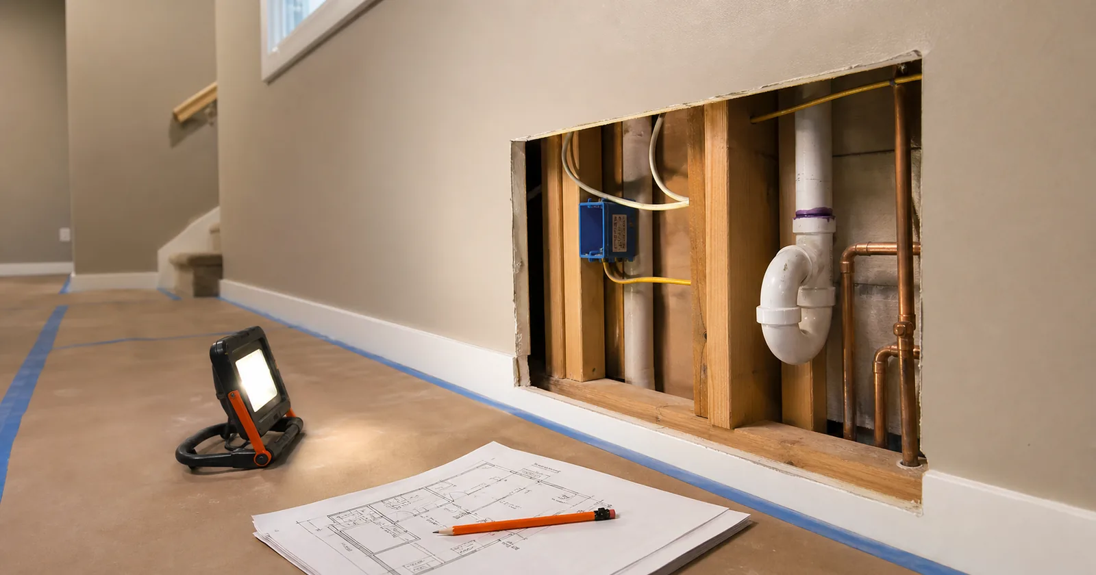 A finished basement wall with a section of drywall cut away to expose framing, wiring, and a junction box, with an inspection light and an as-built drawing on the floor beside it.