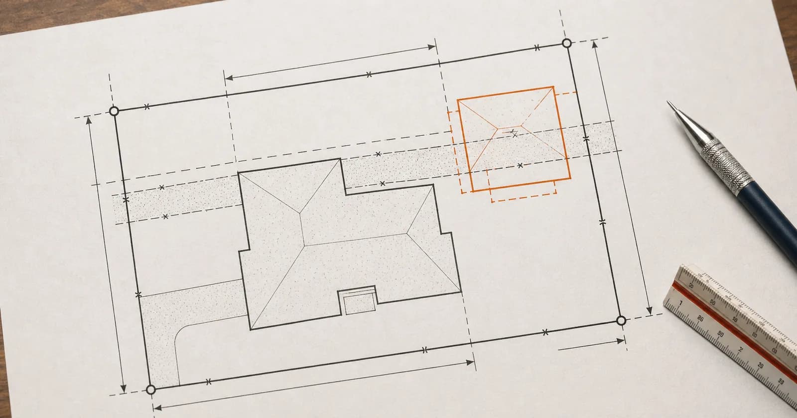 A surveyor's plat drawing of a residential lot, with a dashed utility easement along the rear line and a proposed detached garage outlined over it, dimension arrows running to each lot line.