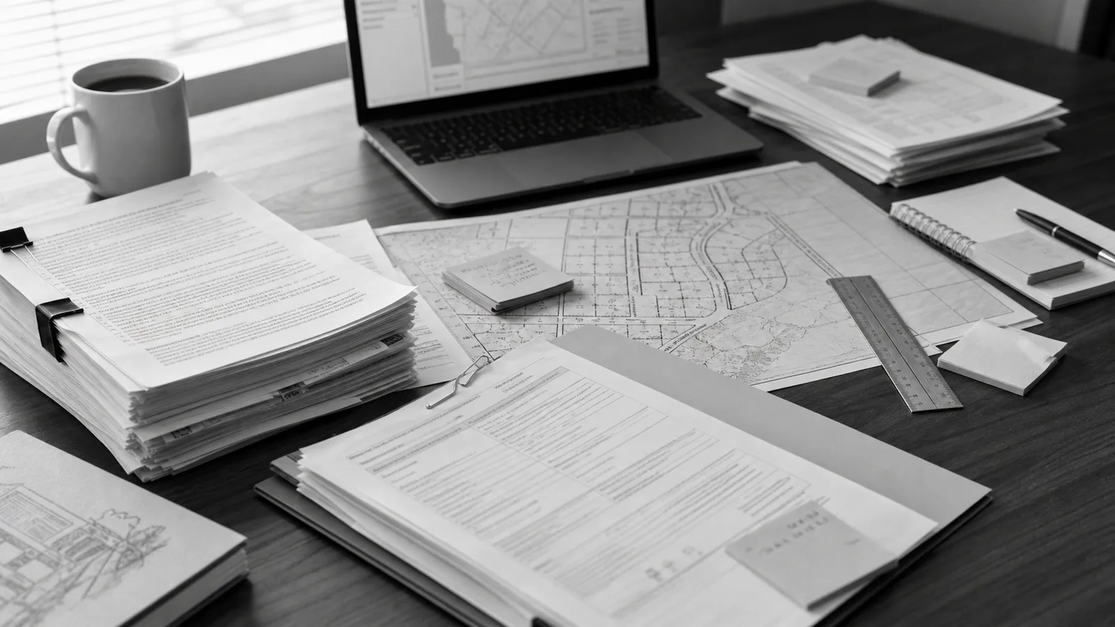 Permit research desk with parcel maps, forms, and site-plan materials