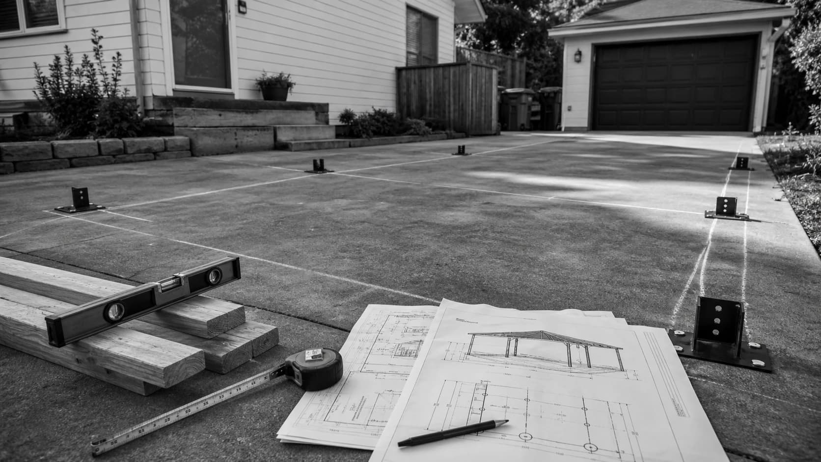 Driveway carport layout with chalk marks, post base locations, level, and structural plans