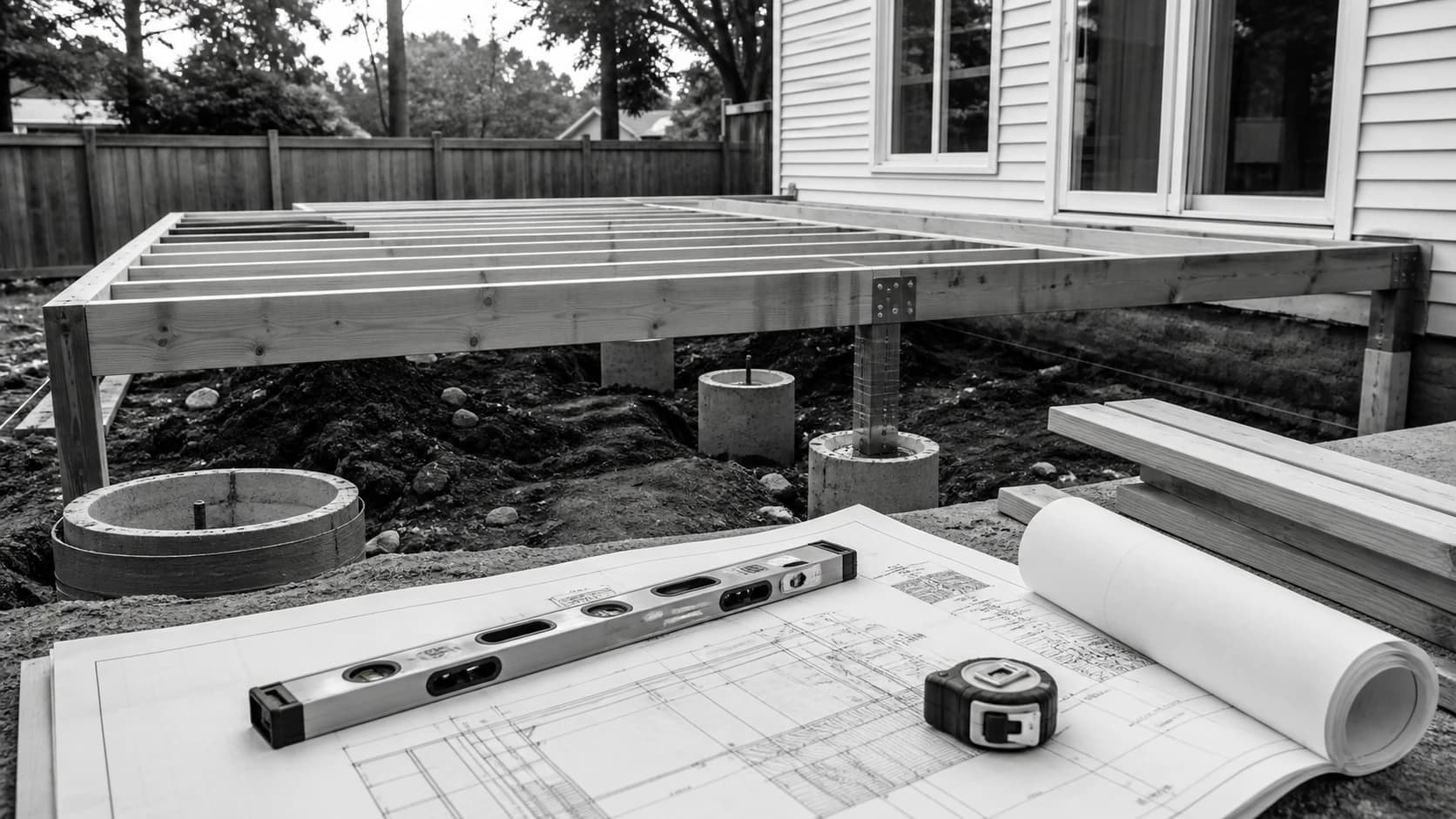 Deck framing with footing forms, level, tape measure, and plan sheet