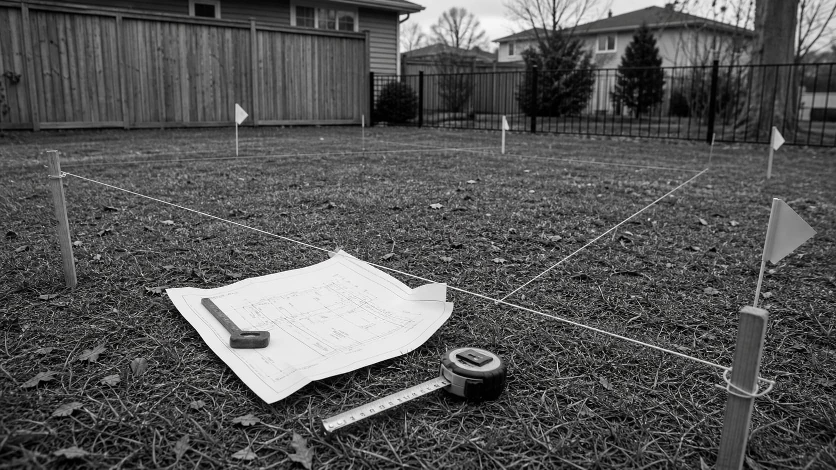 Fence layout with string lines, stakes, property flags, tape measure, and site plan