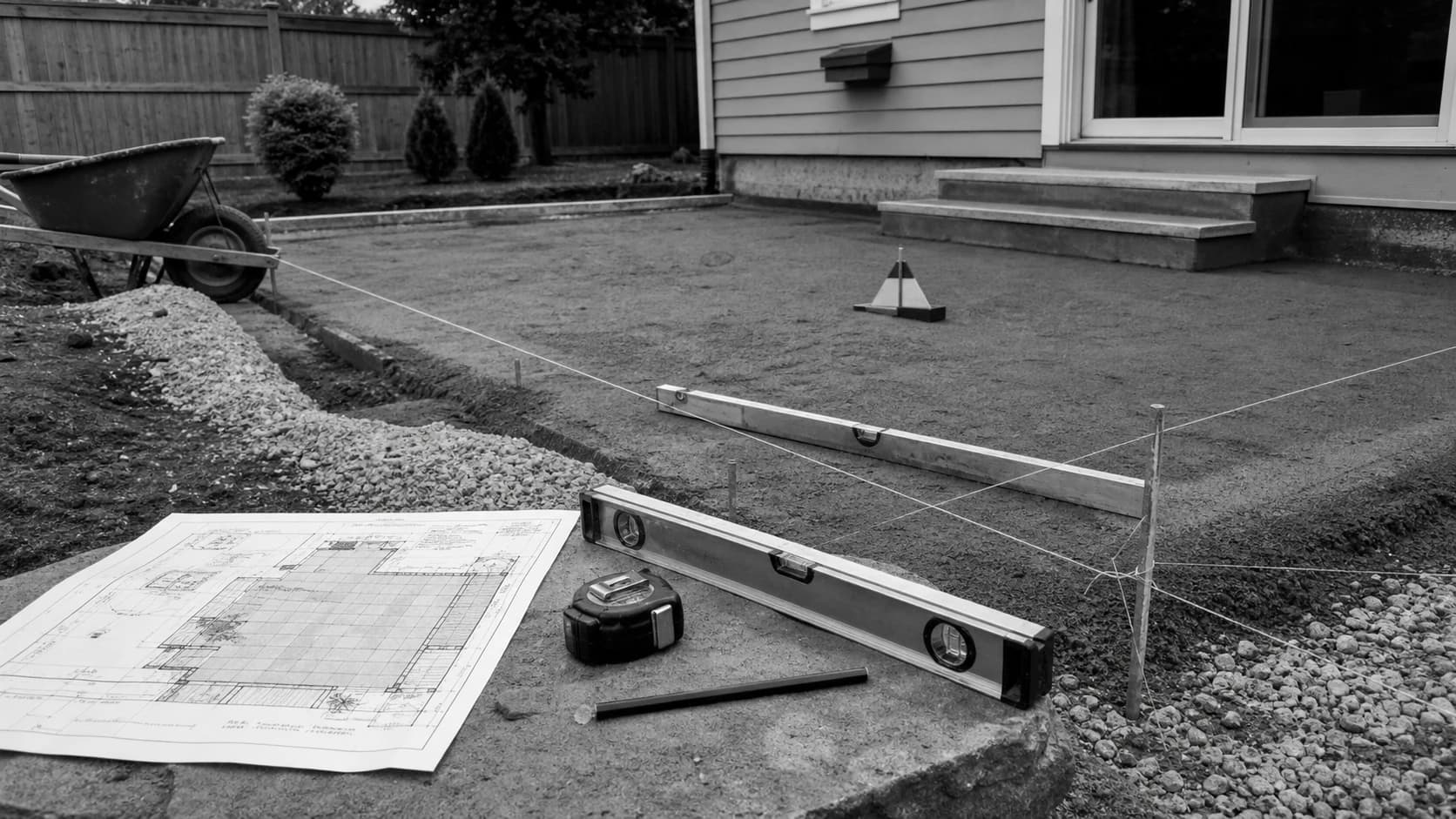 Patio base layout with string lines, level, drainage marker, and site plan