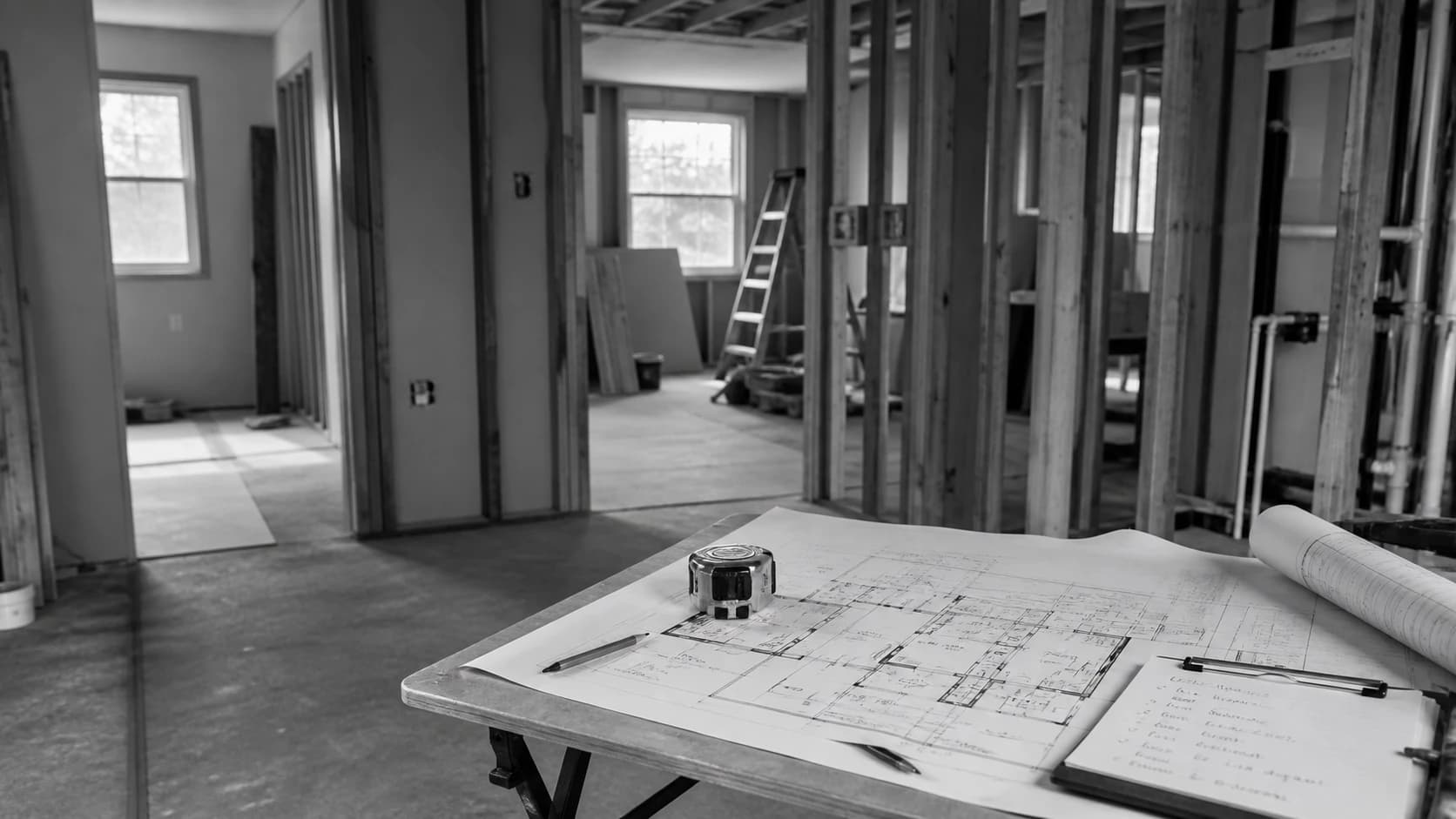 Building permit planning desk with site plan, forms, code notes, and inspection checklist