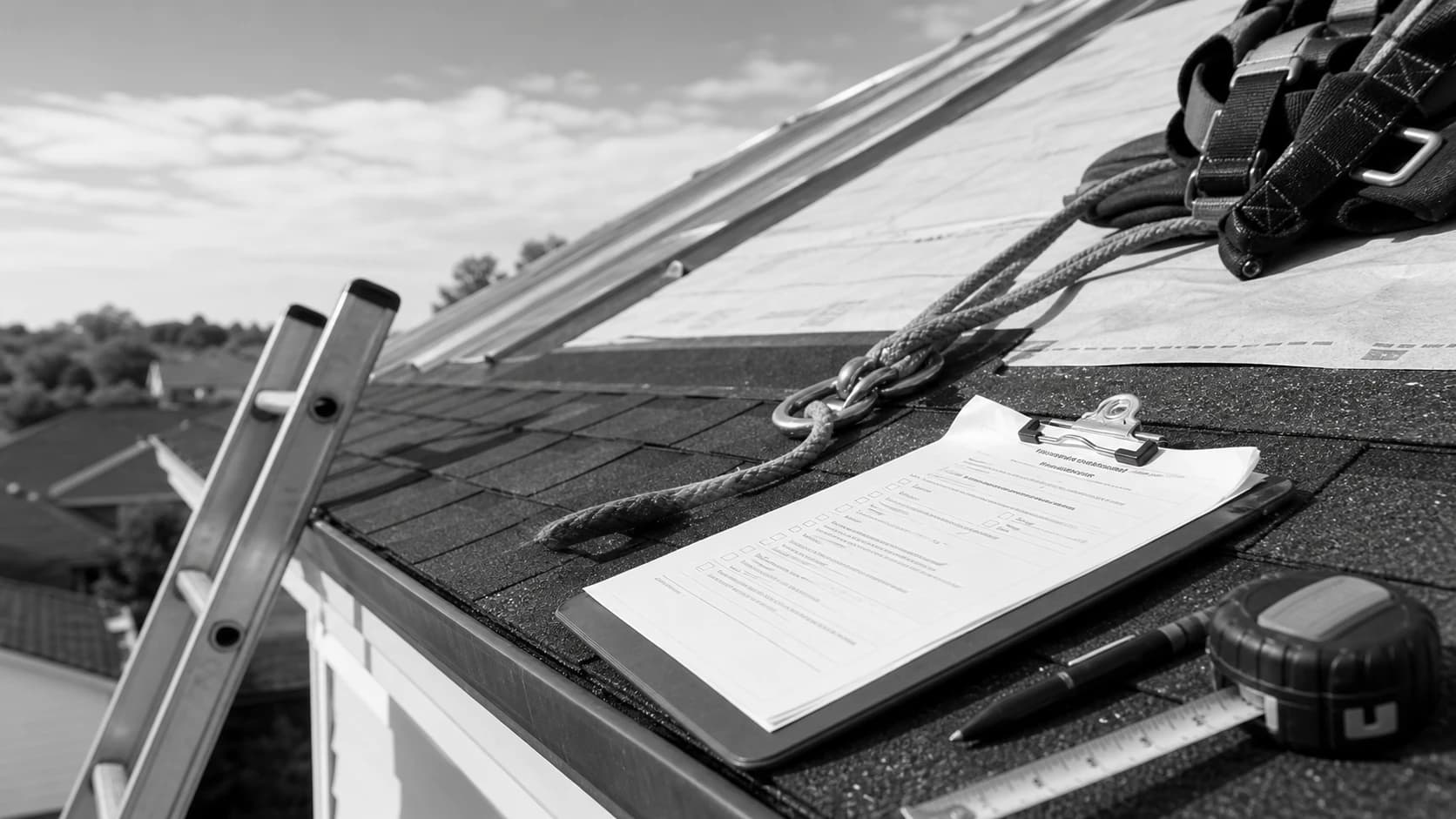 Roofing planning setup with shingles, underlayment, ladder, tape measure, and inspection checklist