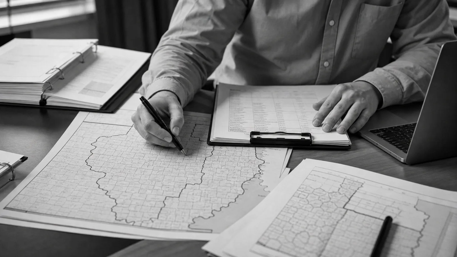 Illinois permit coverage operations desk with regional map and permit documents