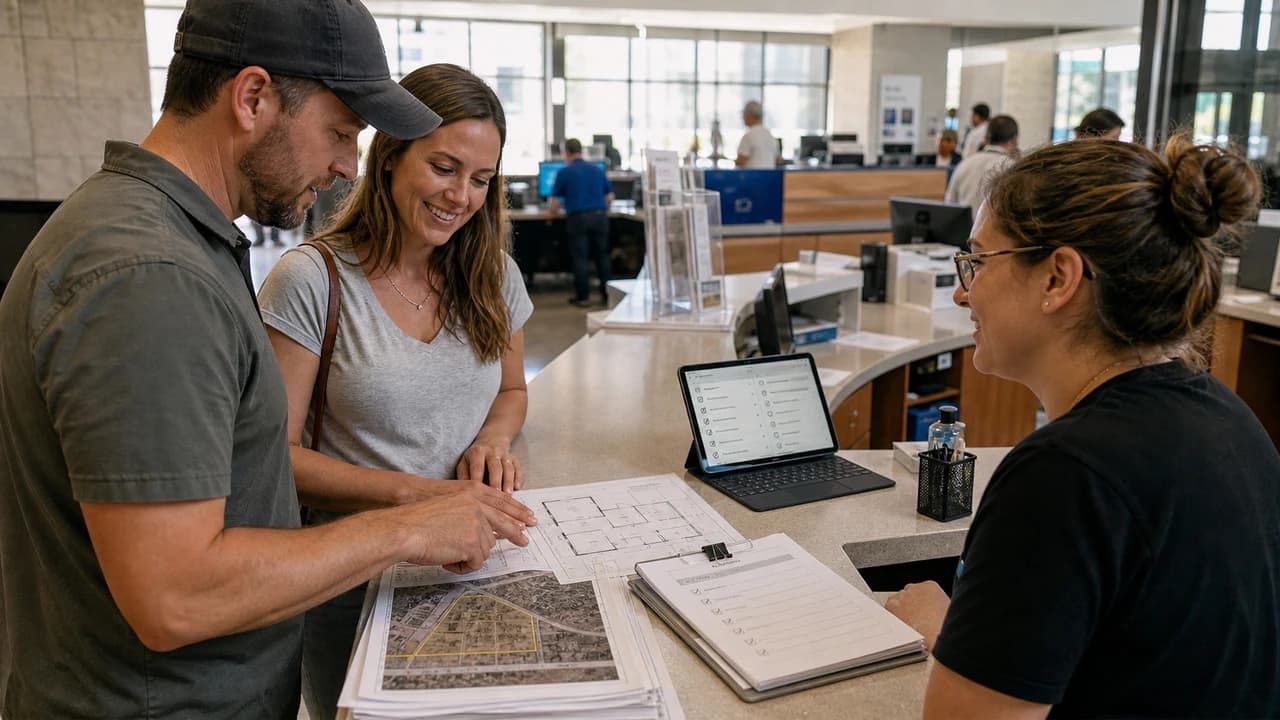 Prepared residential permit packet, site plan, checklist, and local building code materials at a permit counter.