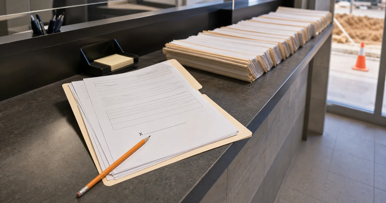 Illustration of a permit packet at an intake counter with one unsigned page pulled out while a stack of newer applications piles up behind it