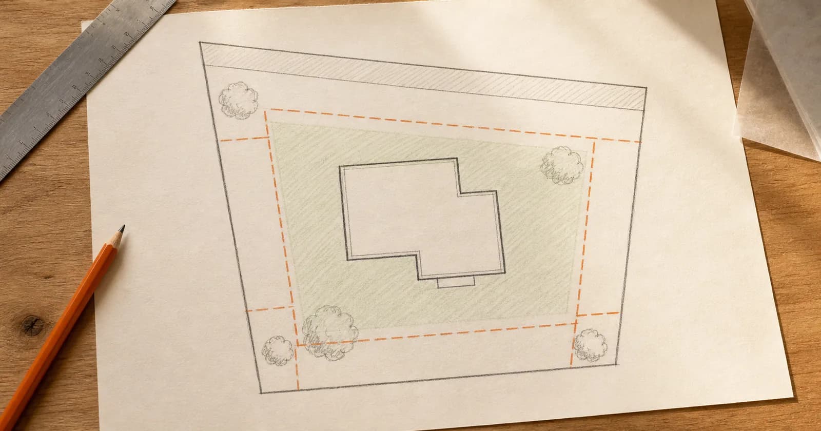 Overhead diagram of a residential lot showing front, side, and rear setback lines, a shaded utility easement strip along the rear, and the buildable envelope left in the middle.