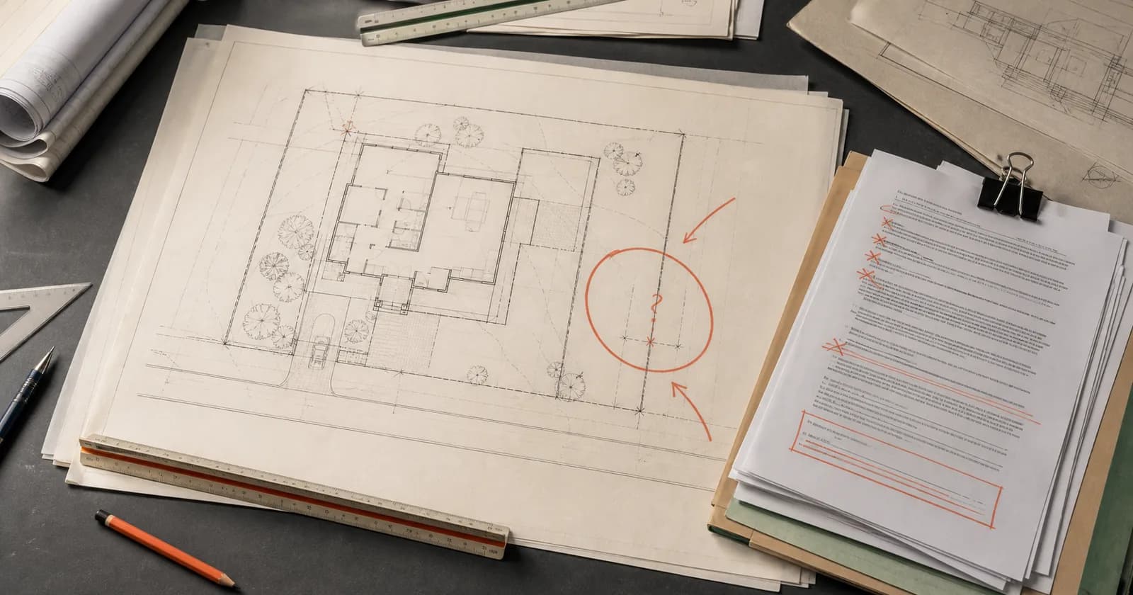A plan review desk with a residential site plan marked in red, a missing setback dimension circled, and a correction letter clipped to the drawing set.