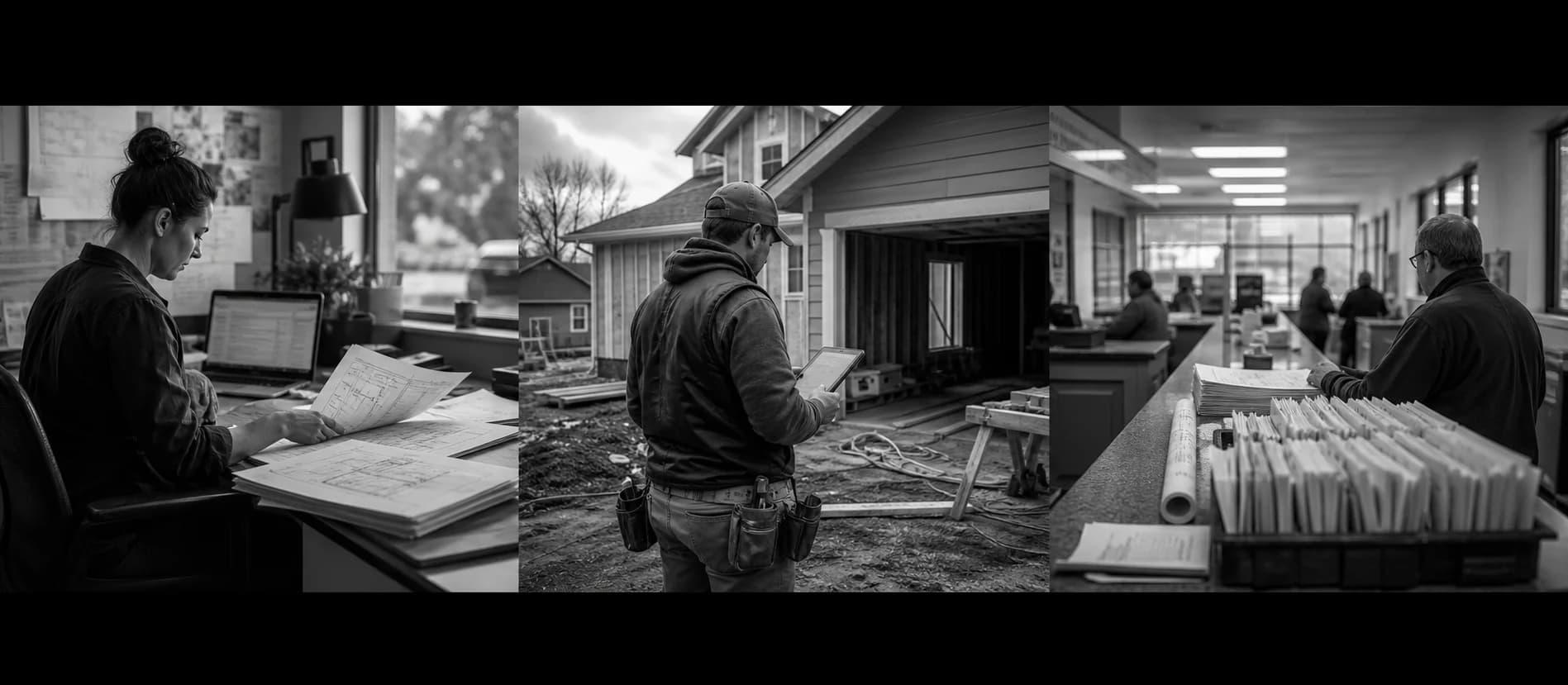 Black-and-white triptych of permit desk work, residential jobsite review, and municipal counter filing.