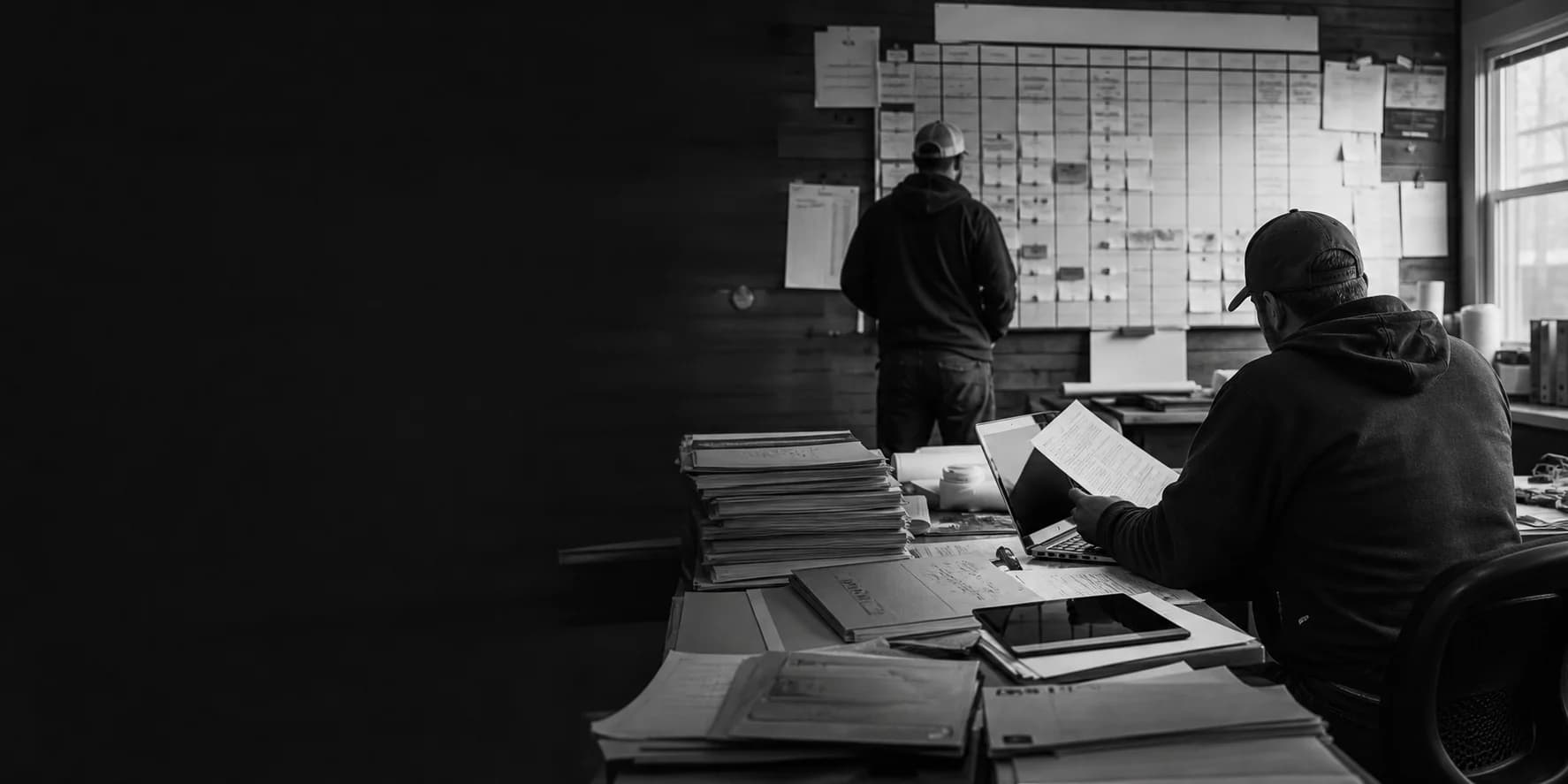 Black-and-white contractor operations room with job schedule board, permit folders, and project paperwork.