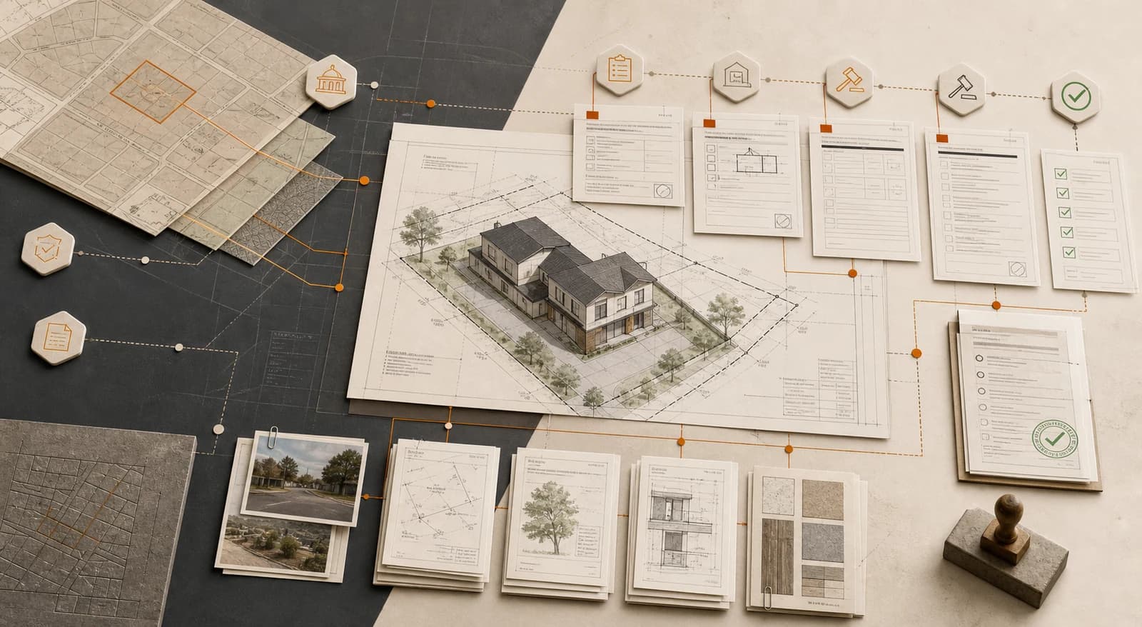A residential project connected to parcel research, permit applications, evidence, review steps, and approval