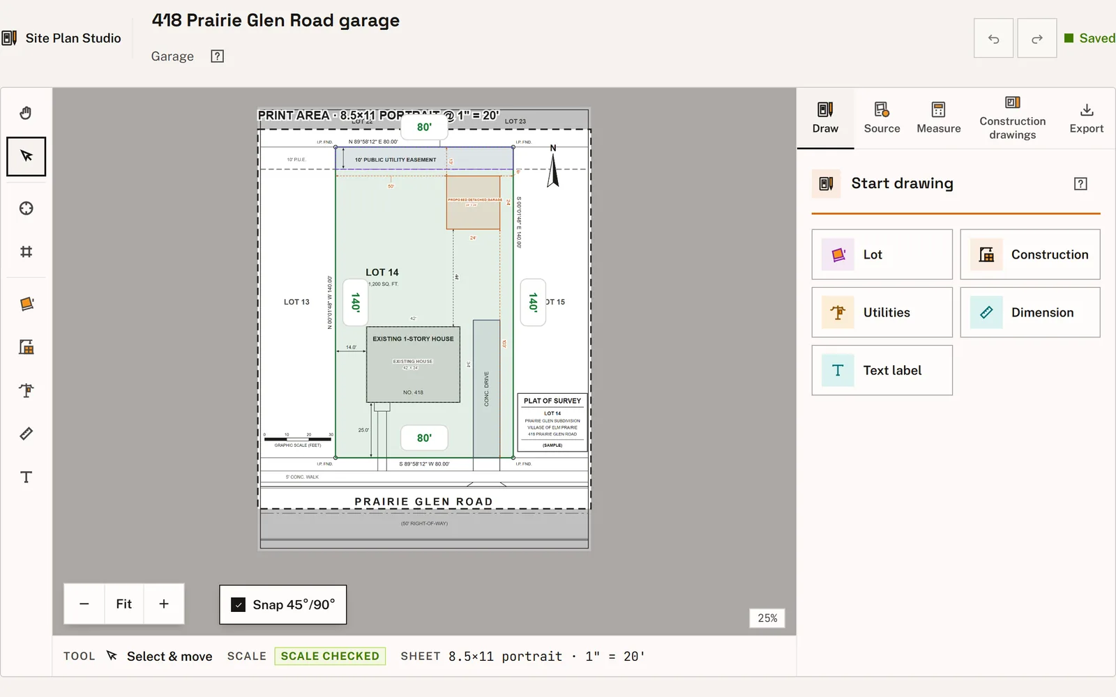 Site Plan Studio with the sample plat of survey for Lot 14, 418 Prairie Glen Road, on the canvas and the drawing tools beside it.